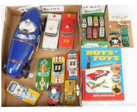 Various sizes of Japanese and other tinplate Model Cars - to include a large Bugatti style Racing Car as a confectionery cont