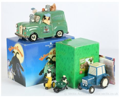 A group of Wallace &amp; Gromit related models (1) Border Fine Art Studio Van Money Bank, (2) Enesco A9462 Shaun the Sheep Tr