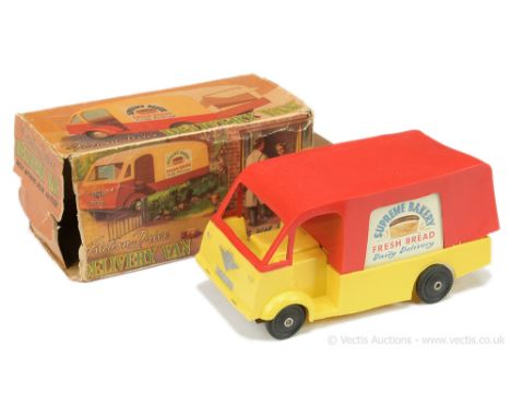 Mettoy (UK) rare plastic "Supreme Bakery" Bread Van - unusual 1950's toy in yellow with red upper body, opening roller shutte