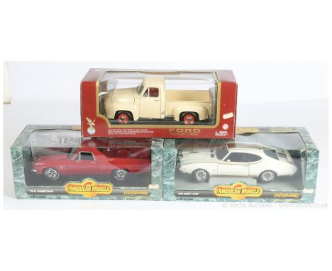 A mixed 1/18th scale group (1) Road Legends 92148 1953 Ford Pick-up Truck - cream with red interior and hubs, (2) ERTL Americ