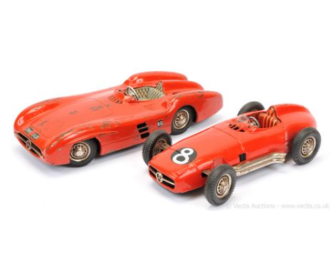 JNF (Germany) pair of large scale tinplate Mercedes Sports Cars - both are red, the larger model lacks a clear plastic windsc