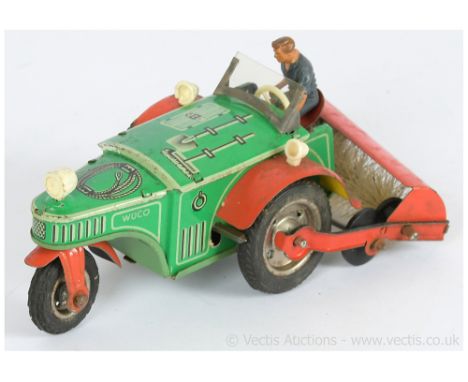 Wuco (Western Zone of Germany) tinplate 3-wheeled Tractor with Road Sweeper attachment - scarce 1950's example with clockwork