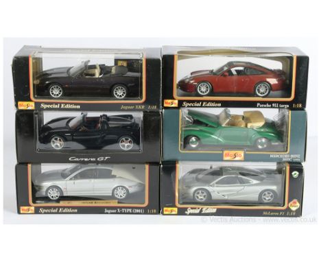 Maisto 1/18th scale group to include Special Edition McLaren F1 - silver, Jaguar X-type 2001 - metallic silver, Porsche 911 T