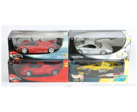 Hot Wheels 1/18th scale group (1) 56293 Enzo Ferrari - red, (2) Ferrari F355 Berlinetta - metallic silver (loose on plinth), 