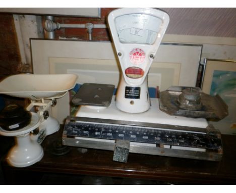 Shop scales and set of enamel kitchen scales