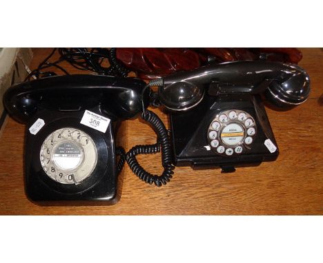 A 1970's black plastic dial telephone and a later similar with push button dial