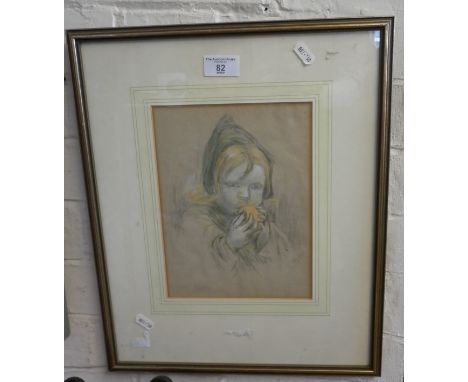 Esther Borough George Johnston pencil portrait of a Dutch girl eating an orange