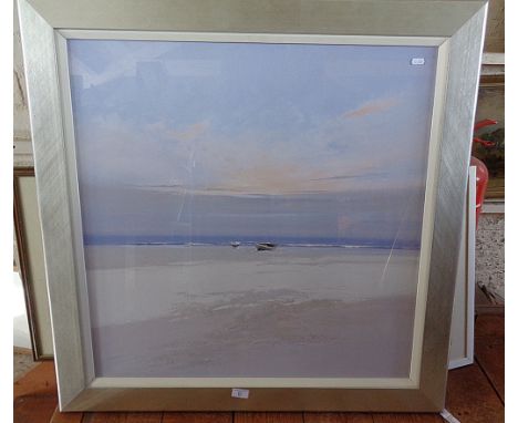 Large colour print of seashore with stranded rowing boats by ?? Hamilton, 3ft square