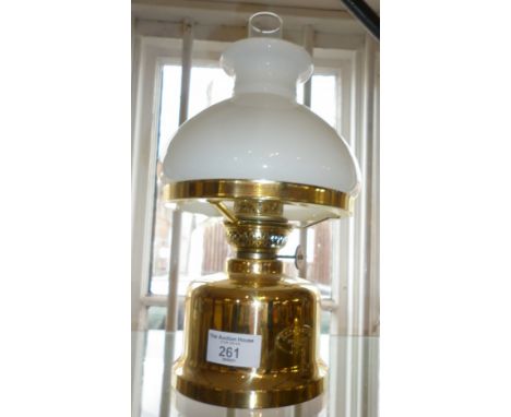 Danish brass oil lamp by E.S. Sorensen of Copenhagen, with white shade (crack to chimney)