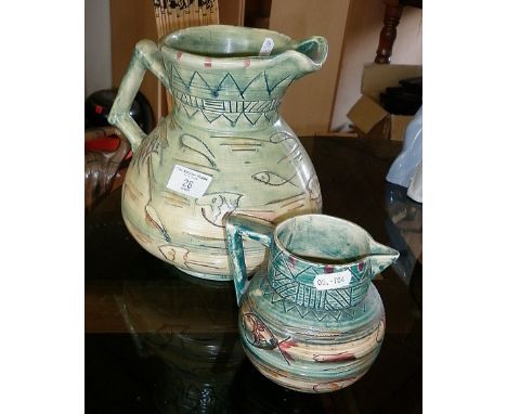 Large 1930's Art Deco jug by Mabel Leigh for Shorter &amp; Son, sgraffito fishes decoration in her "Aztec" pattern and a simi