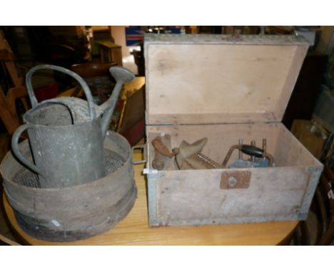 Garden sieves, watering can and a box of tools