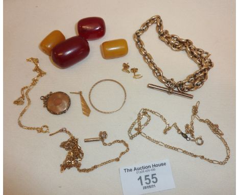 Large cherry and amber bakelite beads, gold filled fob watch Albert chain bracelet and other yellow metal jewellery