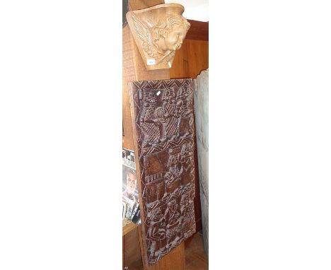 Carved light oak wall bracket and a Tribal Art African carved wood panel, 36" x 15"