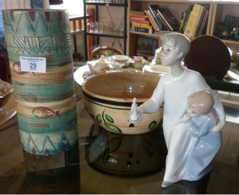 A Mabel Leigh Art Deco cylinder Aztec vase, an "Anglo-Afrik" bowl and a Nao figure group