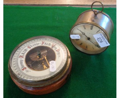 Victorian aneroid barometer and a brass drum clock marked Sibley of Portsmouth