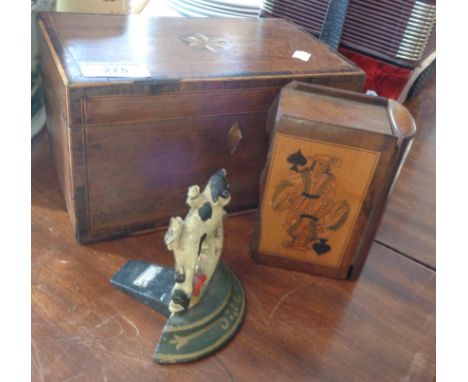 Georgian inlaid tea caddy, inlaid rosewood, playing card box and a cast iron door wedge