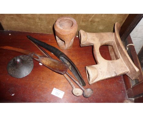 Tribal Art: African chief's stool headrest, two carved and decorated antelope horn scoops, two wood snuff spoons, a small car