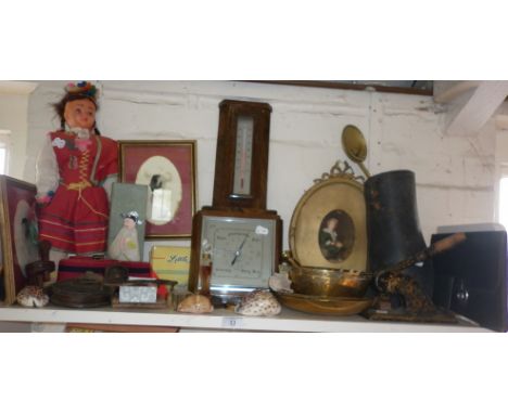 Various items, inc. barometer, sea shells, brassware, candle snuffers, etc.