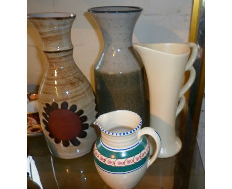 Shorter &amp; Son Art Deco jug, a Honiton cream jug, a Briglin vase and a Purbeck Studio Pottery vase