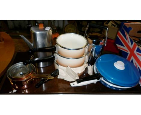 Vintage kitchenware, inc. stainless steel coffee percolator, enamel saucepans and frying pans and chrome ice bucket