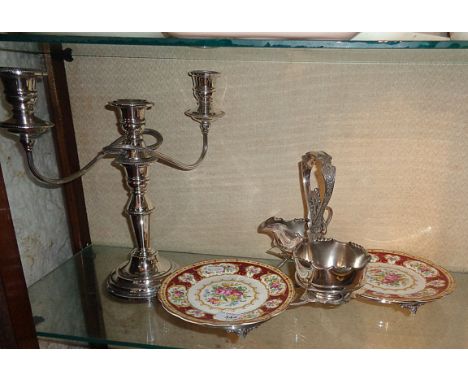 Edwardian silver plate and china cake &amp; scone stand with Royal Albert china plates and a silver plate candelabra