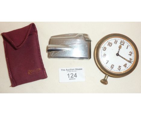 Ronson Varaflame chrome lighter, and 1920's travel or bedside clock
