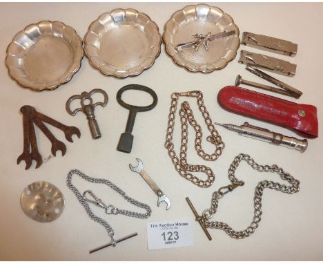 Albert pocket watch chains, one gold filled, Wilkinson Sword clippers, Walters &amp; Dobson camera shutter release, clock key