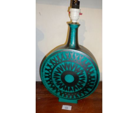 Mid century Art pottery lamp base shaped like a moon flask with turquoise and black geometric decoration, marked KP to base, 