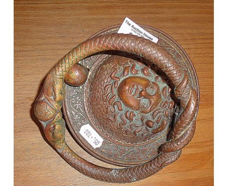 Large Art Nouveau brass door knocker with face &amp; entwined snakes