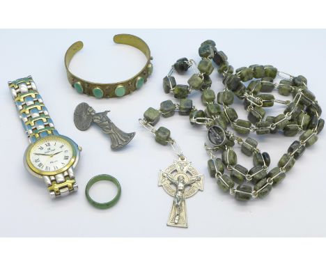 Jewellery including a jade ring, Art Nouveau brooch, and Oskar Emil wristwatch
