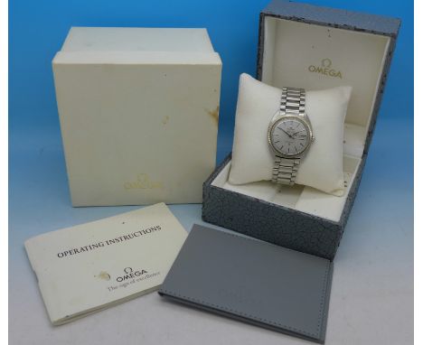 A stainless steel Omega Constellation automatic chronometer day-date wristwatch, boxed, with operating instructions booklet