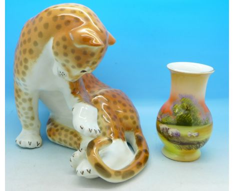 A Russian model of a leopard, 18cm and a Noritake vase