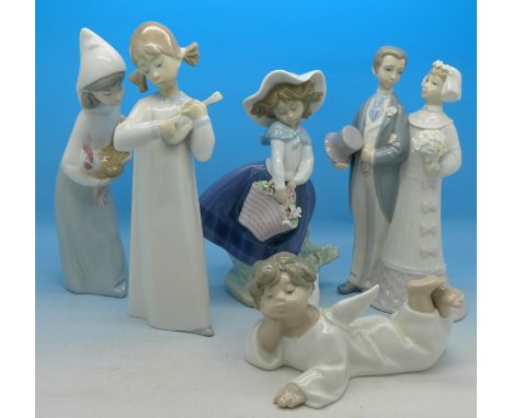 Five Lladro figures, two a/f, (petals)