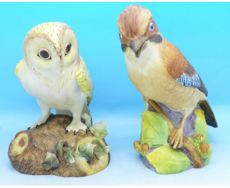 A Royal Worcester model of a jay and a Royal Crown Derby model of an owl, petals on owl figure a/f