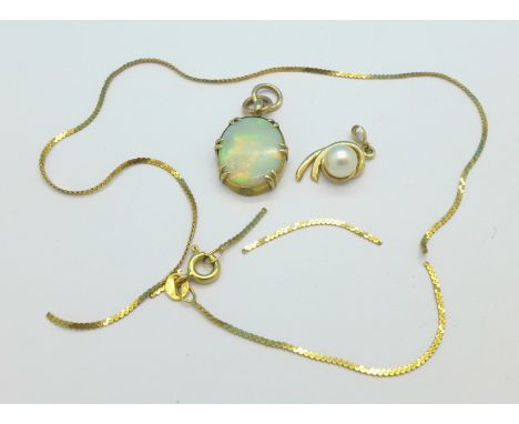 A 9ct gold opal pendant, a 9ct gold pendant and part of a 9ct gold chain, 7.2g