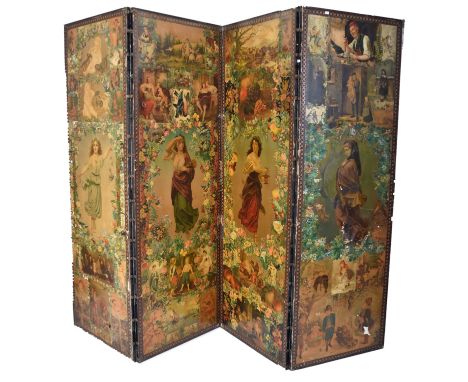 A Victorian 19th century decoupage four fold discretion bedroom screen. The screen decorated with genre representations, flor