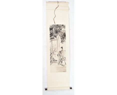 Fu Baoshi 傅抱石 (b.1904-1965) Scholar and maiden 高仕侍女图 Ink on xuan paper Mounted on scroll Measures approx. 190 x 58cm 设色纸本 立轴 