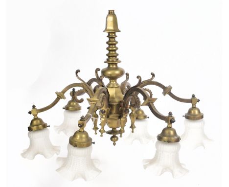An early 20th century circa 1900 continental believed Dutch brass six-arm ceiling chandelier. The chandelier having a brass c