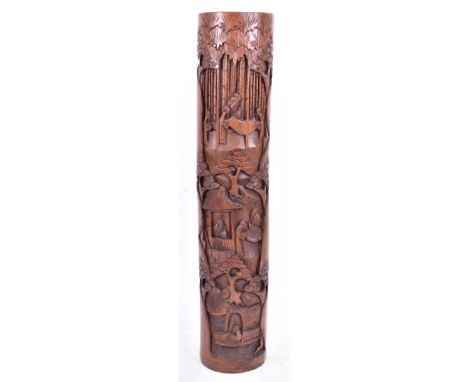A tall early 20th century Chinese Oriental Qing Dynasty carved bamboo paintbrush pot / bitong / scroll holder. The pot having
