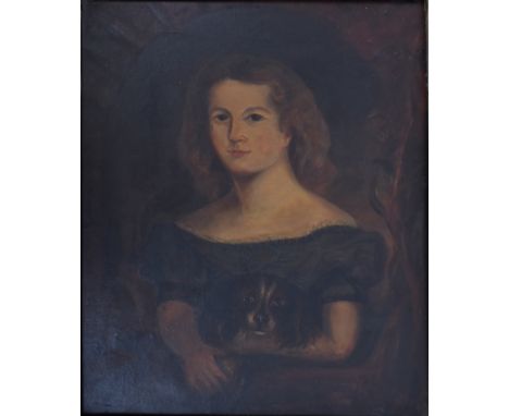 British school (19th century) - A 19th century naive oil on canvas portrait painting of a young lady holding a King Charles S