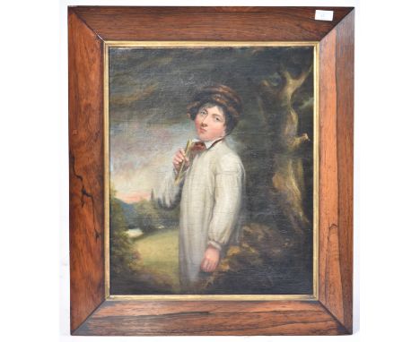 English school, 19th century - an oil on canvas portrait study painting of a peasant boy and stick flute. Set before a tree a