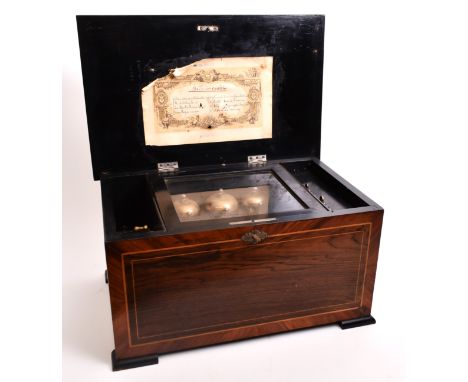 A late 19th century continental Swiss&nbsp;made walnut veneered marquetry 8 airs music box. The box having a chamfered hinged