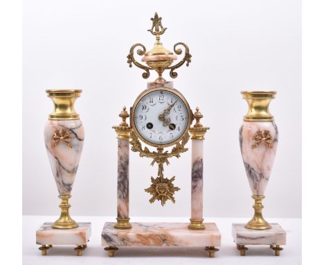 A 19th century French marble &amp; brass Portico mantel clock three piece garniture.&nbsp; The cylinder head clock with white