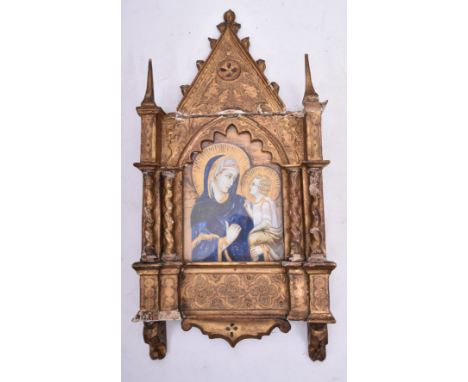 A 19th century Italian Grand Tour gilt gesso on wood ecclesiastic religious icon altarpiece. The icon depicting a later ink &