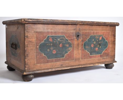 A Victorian 19th century painted pine wood chest blanket box trunk. The chest having an hinged top with iron hinges brackets 