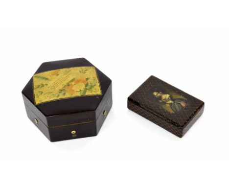 19th century papier maché snuff box, the hinged top depicting a portrait of a young lady on a tartan ground, 3.5" x 2.25"; to