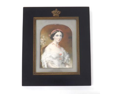 English School (19th century) - Portrait miniature of a lady, seated half length, wearing a white lace dress decorated with j