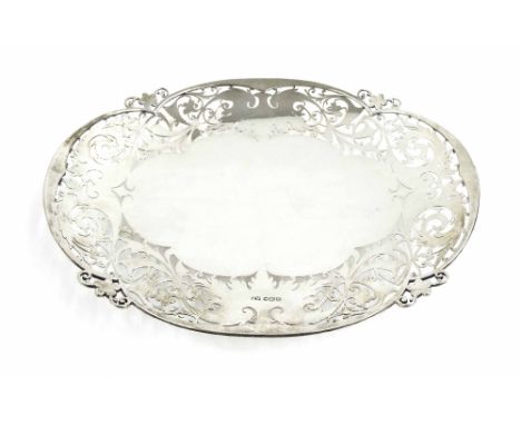 Silver oval hand pierced shallow serving tray, maker Viner's Ltd, Sheffield 1939, 11" wide, 16.2oz t approx