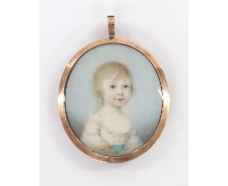 English School (18th century) - Portrait miniature of a young child, half length, wearing a cream dress with a blue ribbon to