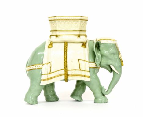 Royal Worcester for Tiffany & Co elephant and howdah porcelain vase designed by James Hadley, with pale green and white glaze